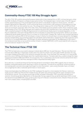 Our services include products that are traded on margin and carry a risk that you can lose more than your initial deposit.
© 2014 FOREX.com
15
Commodity-Heavy FTSE 100 May Struggle Again
The UK’s FTSE 100 could be among the European indices which may underperform in 2015, not least because, unlike
the ECB, the Bank of England is unlikely to ease policy further. The relatively higher interest rates in the UK may put
further upward pressure on the pound against the euro which could weigh on exports to the Eurozone – the UK’s
largest trading partner. Meanwhile, miners and energy stocks could remain under pressure if commodity prices stay
weak in 2015, which we think will be the case. The energy sector makes up 14% of the FTSE 100, with BP and Shell
alone accounting for more than 10% of the index. Thus, if the weaker oil prices persist in 2015, these companies could
weigh heavily on the FTSE 100 as they have done towards the end of 2014. Another factor that could weigh on the FTSE
100 is uncertainty ahead of the May 2015 general election and financial shocks due to increased regulations. In the
Autumn Statement, Chancellor George Osborne announced plans to raise £4bn by limiting banks’ ability to use losses
suffered during the global financial crisis to cut taxes on current profits. However, Mr. Osborne also unveiled new stamp
duty rates that could save 98% of UK homebuyers money. In theory, this should help to increase demand for mortgages
and also homebuilding, thus providing support for both banks and homebuilders. Support for the FTSE could also come
in the form of increased M&A deals. The stronger US dollar was partly responsible for the M&A boom in 2014 and if
this trend continues then so too could the number of deals. A weaker GBP/USD in 2015 could make British companies
attractive takeover targets for US firms.
The Technical View: FTSE 100
The FTSE has had many unsuccessful attempts to break above 6900 over the past two years. The last time they tried
to break above 6900 was in September of 2014 when the index hit a fresh multi-year peak of 6905; but here, the rally
once again stalled and the pace of the selling accelerated soon after. From that peak, the index went on to drop by 835
points to a low of 6070 by mid-October when the markets bottomed out. The bears were thus unable to break the major
support area between 6000 and 6100 for the second time. This is potentially a very bullish outcome and we think that if
the FTSE were to make a few more attempts at 6900 it may break decidedly higher.
On a side note, it is worth pointing out that the long period of consolidation below 6900 suggests that an eventual
breakout could potentially be quite significant in terms of magnitude. This would not only deliver a hammer blow to
the existing sellers but also encourage fresh buyers to enter the market – particularly those who have so far been
discouraged by the index’s lackluster performance in recent years.
A decisive break above the 6900 level on the FTSE could pave the way for a move towards the Fibonacci extension
levels around 7130/5 (127.2%) and then 7420/5 (161.8). The latter also corresponds with the upper resistance trend
of the bullish channel. The intra-day record high of 6950, achieved in December 1999, should also be paid some
attention should we get there. Meanwhile on the downside, the key supports that we will be watching in 2015 include
the abovementioned 6000/6100 range, as well as the long-term Fibonacci retracement levels. Ahead of these are some
near-term support levels, including 6525 and 6400.
 