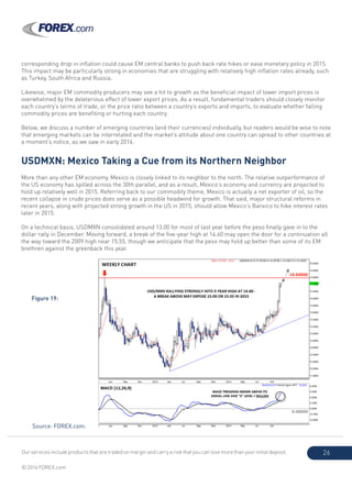 Our services include products that are traded on margin and carry a risk that you can lose more than your initial deposit.
© 2014 FOREX.com
26
corresponding drop in inflation could cause EM central banks to push back rate hikes or ease monetary policy in 2015.
This impact may be particularly strong in economies that are struggling with relatively high inflation rates already, such
as Turkey, South Africa and Russia.
Likewise, major EM commodity producers may see a hit to growth as the beneficial impact of lower import prices is
overwhelmed by the deleterious effect of lower export prices. As a result, fundamental traders should closely monitor
each country’s terms of trade, or the price ratio between a country’s exports and imports, to evaluate whether falling
commodity prices are benefiting or hurting each country.
Below, we discuss a number of emerging countries (and their currencies) individually, but readers would be wise to note
that emerging markets can be interrelated and the market’s attitude about one country can spread to other countries at
a moment’s notice, as we saw in early 2014.
USDMXN: Mexico Taking a Cue from its Northern Neighbor
More than any other EM economy, Mexico is closely linked to its neighbor to the north. The relative outperformance of
the US economy has spilled across the 30th parallel, and as a result, Mexico’s economy and currency are projected to
hold up relatively well in 2015. Referring back to our commodity theme, Mexico is actually a net exporter of oil, so the
recent collapse in crude prices does serve as a possible headwind for growth. That said, major structural reforms in
recent years, along with projected strong growth in the US in 2015, should allow Mexico’s Banxico to hike interest rates
later in 2015.
On a technical basis, USDMXN consolidated around 13.00 for most of last year before the peso finally gave in to the
dollar rally in December. Moving forward, a break of the five-year high at 14.60 may open the door for a continuation all
the way toward the 2009 high near 15.55, though we anticipate that the peso may hold up better than some of its EM
brethren against the greenback this year.
Figure 19:
Source: FOREX.com.
 