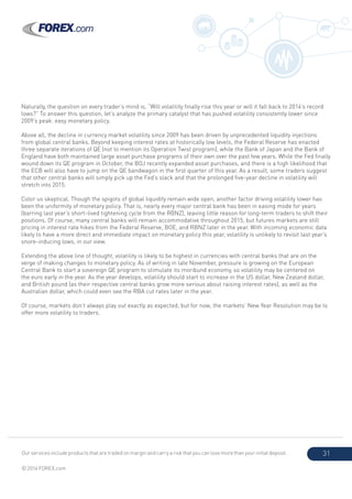 Our services include products that are traded on margin and carry a risk that you can lose more than your initial deposit.
© 2014 FOREX.com
31
Naturally, the question on every trader’s mind is, “Will volatility finally rise this year or will it fall back to 2014’s record
lows?” To answer this question, let’s analyze the primary catalyst that has pushed volatility consistently lower since
2009’s peak: easy monetary policy.
Above all, the decline in currency market volatility since 2009 has been driven by unprecedented liquidity injections
from global central banks. Beyond keeping interest rates at historically low levels, the Federal Reserve has enacted
three separate iterations of QE (not to mention its Operation Twist program), while the Bank of Japan and the Bank of
England have both maintained large asset purchase programs of their own over the past few years. While the Fed finally
wound down its QE program in October, the BOJ recently expanded asset purchases, and there is a high likelihood that
the ECB will also have to jump on the QE bandwagon in the first quarter of this year. As a result, some traders suggest
that other central banks will simply pick up the Fed’s slack and that the prolonged five-year decline in volatility will
stretch into 2015.
Color us skeptical. Though the spigots of global liquidity remain wide open, another factor driving volatility lower has
been the uniformity of monetary policy. That is, nearly every major central bank has been in easing mode for years
(barring last year’s short-lived tightening cycle from the RBNZ), leaving little reason for long-term traders to shift their
positions. Of course, many central banks will remain accommodative throughout 2015, but futures markets are still
pricing in interest rate hikes from the Federal Reserve, BOE, and RBNZ later in the year. With incoming economic data
likely to have a more direct and immediate impact on monetary policy this year, volatility is unlikely to revisit last year’s
snore-inducing lows, in our view.
Extending the above line of thought, volatility is likely to be highest in currencies with central banks that are on the
verge of making changes to monetary policy. As of writing in late November, pressure is growing on the European
Central Bank to start a sovereign QE program to stimulate its moribund economy, so volatility may be centered on
the euro early in the year. As the year develops, volatility should start to increase in the US dollar, New Zealand dollar,
and British pound (as their respective central banks grow more serious about raising interest rates), as well as the
Australian dollar, which could even see the RBA cut rates later in the year.
Of course, markets don’t always play out exactly as expected, but for now, the markets’ New Year Resolution may be to
offer more volatility to traders.
 