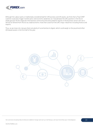 Our services include products that are traded on margin and carry a risk that you can lose more than your initial deposit.
© 2014 FOREX.com
33
Although the Labour party is traditionally considered bad for UK business and UK assets, we think that a Tory/ UKIP
coalition could also trigger market panic and economic weakness as it would leave the UK’s position in the EU on
shaky ground. At this stage the international community and some powerful figures in the business sector still see a
UK exit (or Brexit) from the EU as a bad economic move that could hurt the UK’s major industries including finance and
exports.
Thus, as we move into January there are plenty of uncertainties to digest, which could weigh on the pound and other
UK-based assets in the first half of the year.
¥
€
£
 