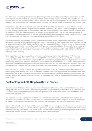 Our services include products that are traded on margin and carry a risk that you can lose more than your initial deposit.
© 2014 FOREX.com
6
One of the most frequently quoted metrics for determining the future fate of Japanese inflation is their debt-to-GDP
ratio, or gross government debt as a percentage of GDP. In this category, Japan is at the top of the world at 237.92%,
and they really shouldn’t want to be there. The list of nations that are actually doing BETTER than Japan in this category
is a who’s who of economic strife: Zimbabwe, Greece, Portugal, Italy, Iceland, Ireland, and Lebanon, just to name a few.
In its defense, Japan does have plans to try to lower that debt-to-GDP burden as a consequence of Prime Minister
Shinzo Abe’s economic stimulus program (lovingly dubbed “Abenomics”), but it hasn’t gone according to plan so far. In
an effort to bring budgets closer to actual revenue there was a consumption tax hike back on April 1st 2014 (that wasn’t
an April Fool’s joke), which was supposed to be followed by another hike in 2015 that has now been delayed for 18
months due to a struggling economy. In addition, the Bank of Japan has increased Quantitative Easing in an effort to get
interest rates so low that Japanese investors stop buying Japanese Government Bonds.
Past hyperinflationary episodes were largely caused by an increase in money supply to help pay off debts, the most
well-known being the Weimar Republic in Germany in the 1920s. In an effort to bring Germany out of recession and pay
off reparation debts from WWI, the German Papiermark was devalued by 50% in 1919 which kicked off the inflationary
episode economists love to reference. Eventually, the Papiermark was replaced by the Rentenmark at a conversion of 1
trillion to 1 in 1923, which is utterly ridiculous when you think about it. However, it wasn’t just debt that helped trigger
hyperinflation; there was also political uncertainty and overall loss of confidence as the Great Depression was felt
especially hard in Germany.
While Japan hasn’t outright devalued their currency in one fell swoop like Germany did back in 1919, they have
devalued it by over 50% in the last two years as the USD/JPY has risen from sub 80 to over 120 at the time of this
writing. In addition, the Bank of Japan has pledged to add to their already large QE (15% of GDP per annum) by double if
the economy doesn’t start to recover, which would take that already burdensome debt-to-GDP ratio even higher. When
Germany started experiencing hyperinflation, their debt-to-GDP ratio was just under 300%. Also Japanese politics are
in flux as Abe has called for new elections and Japanese consumer confidence has declined in the latter half of 2014.
When perceived as a whole, it appears that Japan has sown all the necessary seeds to bring about hyperinflation in
the struggling state. However, once again, these seeds have been sown for many years now as doomsayers have been
keen to point out. So will 2015 be the year that Japan finally falls down the rabbit hole? Whether hyperinflation is the
ultimate result or not, it appears that the JPY might be losing even more value as the hyperinflationary seeds continue
to germinate.
Bank of England: Shifting to a Dovish Stance
The last weeks of 2014 saw a sharp reduction in expectations around the timing of the first rate hike from the Bank
of England. In the middle of 2014 the market had expected the BOE to hike rates at the end of Q1 2015; however, after
a sharp fall in inflation and a deterioration in the UK’s growth outlook, expectations for the first rate hike have been
pushed back to August 2015.
This recalibration of rate expectations for the UK has been reflected in the pound, which has fallen more than 3%
versus the USD since the start of the fourth quarter. The outlook remains bleak for the pound as we start the new year
on the back of falling inflation expectations and monetary policy divergence with the Federal Reserve in the US.
Falling inflation is a big risk for the pound this year, as the BOE may find it tough to hike interest rates if prices continue
to fall. The Bank of England’s 12-month inflation expectations survey for November saw expectations fall to their lowest
level since February 2010 (see the chart below). This is problematic for the Bank as maintaining price stability is its only
mandate, yet inflation is falling sharply and could drop below 1% early next year.
 