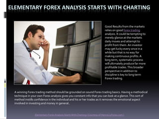 ELEMENTARY FOREX ANALYSIS STARTS WITH CHARTING

                                                                               Good Results from the markets
                                                                               relies on good forex trading
                                                                               analysis. It could be tempting to
                                                                               merely glance at the markets
                                                                               daily moves and attempt to
                                                                               profit from them. An investor
                                                                               may get lucky every once in a
                                                                               while but that is no way for
                                                                               making continuous profits. A
                                                                               long term, systematic process
                                                                               will ultimately produce far more
                                                                               profitable trades. This broader
                                                                               perspective in addition to
                                                                               discipline is key to long term
                                                                               Forex trading.



  A winning Forex trading method should be grounded on sound Forex trading basics. Having a methodical
  technique in your own Forex analysis gives you constant info that you can look at a glance. This sort of
  method instills confidence in the individual and his or her trades as it removes the emotional aspect
  involved in investing and money in general..


                 Elementary Forex Analysis Starts With Charting ( Courtesy of HenryLiuForex.com )
 