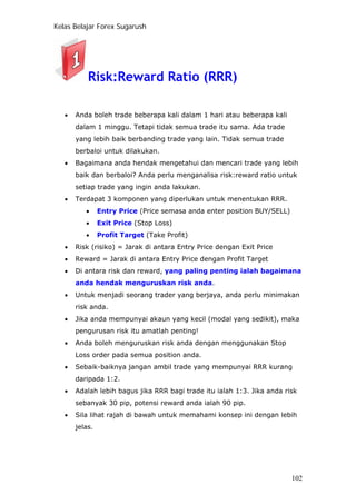 Kelas Belajar Forex Sugarush
Risk:Reward Ratio (RRR)
• Anda boleh trade beberapa kali dalam 1 hari atau beberapa kali
dalam 1 minggu. Tetapi tidak semua trade itu sama. Ada trade
yang lebih baik berbanding trade yang lain. Tidak semua trade
berbaloi untuk dilakukan.
• Bagaimana anda hendak mengetahui dan mencari trade yang lebih
baik dan berbaloi? Anda perlu menganalisa risk:reward ratio untuk
setiap trade yang ingin anda lakukan.
• Terdapat 3 komponen yang diperlukan untuk menentukan RRR.
• Entry Price (Price semasa anda enter position BUY/SELL)
• Exit Price (Stop Loss)
• Profit Target (Take Profit)
• Risk (risiko) = Jarak di antara Entry Price dengan Exit Price
• Reward = Jarak di antara Entry Price dengan Profit Target
• Di antara risk dan reward, yang paling penting ialah bagaimana
anda hendak menguruskan risk anda.
• Untuk menjadi seorang trader yang berjaya, anda perlu minimakan
risk anda.
• Jika anda mempunyai akaun yang kecil (modal yang sedikit), maka
pengurusan risk itu amatlah penting!
• Anda boleh menguruskan risk anda dengan menggunakan Stop
Loss order pada semua position anda.
• Sebaik-baiknya jangan ambil trade yang mempunyai RRR kurang
daripada 1:2.
• Adalah lebih bagus jika RRR bagi trade itu ialah 1:3. Jika anda risk
sebanyak 30 pip, potensi reward anda ialah 90 pip.
• Sila lihat rajah di bawah untuk memahami konsep ini dengan lebih
jelas.
102
 