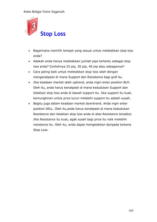 Kelas Belajar Forex Sugarush
Stop Loss
• Bagaimana memilih tempat yang sesuai untuk meletakkan stop loss
anda?
• Adakah anda hanya meletakkan jumlah pips tertentu sebagai stop
loss anda? Contohnya 25 pip, 30 pip, 40 pip atau sebagainya?
• Cara paling baik untuk meletakkan stop loss ialah dengan
mengenalpasti di mana Support dan Resistance bagi graf itu.
• Jika keadaan market ialah uptrend, anda ingin enter position BUY.
Oleh itu, anda harus kenalpasti di mana kedudukan Support dan
letakkan stop loss anda di bawah support itu. Jika support itu kuat,
kemungkinan untuk price turun melebihi support itu adalah susah.
• Begitu juga dalam keadaan market downtrend. Anda ingin enter
position SELL. Oleh itu,anda harus kenalpasti di mana kedudukan
Resistance dan letakkan stop loss anda di atas Resistance tersebut.
Jika Resistance itu kuat, agak susah bagi price itu naik melebihi
resistance itu. Oleh itu, anda dapat mengelakkan daripada terkena
Stop Loss.
105
 