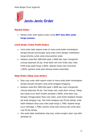Kelas Belajar Forex Sugarush
Jenis-Jenis Order
Market Order
• Market order ialah sejenis order untuk BUY atau SELL pada
harga semasa.
Limit Order (Take Profit Order)
• Limit order ialah sejenis order di mana anda boleh menetapkan
berapa banyak keuntungan yang anda mahu dengan meletakkan
harga tertentu untuk anda close position anda.
• Katakan anda BUY GBP/USD pada 1.8000 dan ingin mengambil
untung sebanyak 20 pip. Anda boleh set Limit Order atau Take
Profit anda pada harga 1.8020. Apabila harga naik mencecah
1.8020, position anda akan ditutup secara automatik.
Stop Order (Stop Loss Order)
• Stop Loss order ialah sejenis order di mana anda boleh menetapkan
berapa banyak kerugian yang anda sanggup tanggung.
• Katakan anda BUY GBP/USD pada 1.8000 dan ingin mengambil
untung sebanyak 20 pip. Jika harga naik, anda akan untung. Tetapi
jika harga turun lebih rendah daripada 1.8000, anda akan rugi.
Dengan menggunakan Stop Loss order, anda boleh tetapkan berapa
pip anda sanggup rugi. Jika anda sanggup rugi 20 pip sahaja, anda
boleh letakkan Stop Loss order pada harga 1.7980. Apabila harga
turun sehingga 1.7980, position anda akan ditutup dan anda akan
rugi 20 pip sahaja.
• Jika anda tidak meletakkan stop loss, anda mungkin akan rugi lebih
daripada itu.
21
 