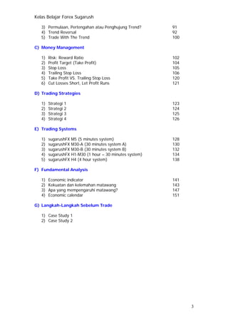 Kelas Belajar Forex Sugarush
3) Permulaan, Pertengahan atau Penghujung Trend? 91
4) Trend Reversal 92
5) Trade With The Trend 100
C) Money Management
1) Risk: Reward Ratio 102
2) Profit Target (Take Profit) 104
3) Stop Loss 105
4) Trailing Stop Loss 106
5) Take Profit VS. Trailing Stop Loss 120
6) Cut Losses Short, Let Profit Runs 121
D) Trading Strategies
1) Strategi 1 123
2) Strategi 2 124
3) Strategi 3 125
4) Strategi 4 126
E) Trading Systems
1) sugarushFX M5 (5 minutes system) 128
2) sugarushFX M30-A (30 minutes system A) 130
3) sugarushFX M30-B (30 minutes system B) 132
4) sugarushFX H1-M30 (1 hour – 30 minutes system) 134
5) sugarushFX H4 (4 hour system) 138
F) Fundamental Analysis
1) Economic indicator 141
2) Kekuatan dan kelemahan matawang 143
3) Apa yang mempengaruhi matawang? 147
4) Economic calendar 151
G) Langkah-Langkah Sebelum Trade
1) Case Study 1
2) Case Study 2
3
 