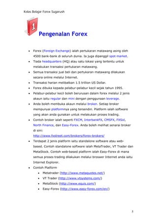 Kelas Belajar Forex Sugarush
Pengenalan Forex
• Forex (Foreign Exchange) ialah pertukaran matawang asing oleh
4500 bank-bank di seluruh dunia. Ia juga dipanggil spot market.
• Tiada headquarters (HQ) atau satu lokasi yang tertentu untuk
melakukan transaksi pertukaran matawang.
• Semua transaksi jual beli dan pertukaran matawang dilakukan
secara online melalui Internet.
• Transaksi harian melibatkan 1.5 trillion US Dollar.
• Forex dibuka kepada pelabur-pelabur kecil sejak tahun 1995.
• Pelabur-pelabur kecil boleh berurusan dalam forex melalui 2 jenis
akaun iaitu regular dan mini dengan penggunaan leverage.
• Anda boleh membuka akaun melalui broker. Setiap broker
mempunyai platformnya yang tersendiri. Platform ialah software
yang akan anda gunakan untuk melakukan proses trading.
• Contoh broker ialah seperti FXCM, InterbankFX, CMSFX, FXSol,
North Finance, dan Easy-Forex. Anda boleh melihat senarai broker
di sini:
http://www.fxstreet.com/brokers/forex-brokers/
• Terdapat 2 jenis platform iaitu standalone software atau web-
based. Contoh standalone software ialah MetaTrader, VT Trader dan
MetaStock. Contoh web-based platform ialah Easy-Forex di mana
semua proses trading dilakukan melalui broswer Internet anda iaitu
Internet Explorer.
• Contoh Platform
• Metatrader (http://www.metaquotes.net/)
• VT Trader (http://www.vtsystems.com/)
• MetaStock (http://www.equis.com/)
• Easy-Forex (http://www.easy-forex.com/en/)
5
 