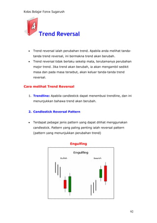 Kelas Belajar Forex Sugarush
Trend Reversal
• Trend reversal ialah perubahan trend. Apabila anda melihat tanda-
tanda trend reversal, ini bermakna trend akan berubah.
• Trend reversal tidak berlaku sekelip mata, terutamanya perubahan
major trend. Jika trend akan berubah, ia akan mengambil sedikit
masa dan pada masa tersebut, akan keluar tanda-tanda trend
reversal.
Cara melihat Trend Reversal
1. Trendline: Apabila candlestick dapat menembusi trendline, dan ini
menunjukkan bahawa trend akan berubah.
2. Candlestick Reversal Pattern
• Terdapat pebagai jenis pattern yang dapat dilihat menggunakan
candlestick. Pattern yang paling penting ialah reversal pattern
(pattern yang menunjukkan perubahan trend)
Engulfing
92
 