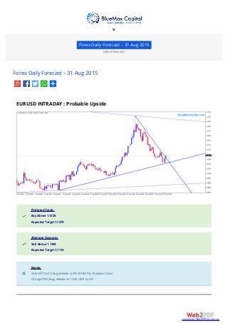Forex Daily Forecast – 31 Aug 2015
Market Research
Forex Daily Forecast – 31 Aug 2015
EURUSD INTRADAY : Probable Upside
Preferred Trade:Preferred Trade:
Buy Above 1.1224Buy Above 1.1224
Expected Target 1.1279Expected Target 1.1279
Alternate Scenario:Alternate Scenario:
Sell Below 1.1169Sell Below 1.1169
Expected Target 1.1114Expected Target 1.1114
Events:Events:
Core CPI (YoY) (Aug) release on 09:00 GMTby European UnionCore CPI (YoY) (Aug) release on 09:00 GMTby European Union
Chicago PMI (Aug) release on 13:45 GMTby USChicago PMI (Aug) release on 13:45 GMTby US

converted by Web2PDFConvert.com
 