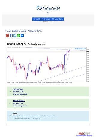 Forex Daily Forecast – 18 June 2015
Market Research
Forex Daily Forecast – 18 June 2015
EURUSD INTRADAY : Probable Upside
Preferred Trade:Preferred Trade:
Buy Above 1.1358Buy Above 1.1358
Expected Target 1.1386Expected Target 1.1386
Alternate Scenario:Alternate Scenario:
Sell Below 1.1347Sell Below 1.1347
Expected Target 1.1319Expected Target 1.1319
Events:Events:
Spanish 10-Year Obligacion Auction release on 08:50 GMTby European UnionSpanish 10-Year Obligacion Auction release on 08:50 GMTby European Union
Current Account (Q1) release on 12:30 GMTby USCurrent Account (Q1) release on 12:30 GMTby US

converted by Web2PDFConvert.com
 