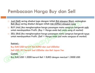 Pembacaan Harga Buy dan Sell
 Jual (Sell) sering disebut juga dengan istilah Bid ataupun Short, sedangkan
 Beli (Buy) sering disebut dengan istilah Ask (Offer) ataupun Long
 BUY (Ask) jika mengharapkan harga pasangan mata uangnya bergerak naik
 untuk mendapatkan Profit. (Buy = Harga anda beli mata uang di market)
 SELL (Bid) jika mengharapkan harga pasangan mata uangnya bergerak turun
 untuk mendapatkan Profit. (Sell = Harga anda jual mata uangnya di market)

 Ilustrasi :
 Buy EUR/USD berarti Beli EURO dan Jual USDollar
 Sell USD/JPY berarti Jual USDollar dan Beli Japan Yen
 Contoh:
 Buy EUR/USD 1.3000 berarti Beli 1 EURO dengan menJual 1.3000 USD
 