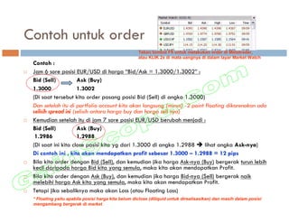 Contoh untuk order
                                                    Tekan tombol F9 untuk melakukan order di Metatrader,
                                                    atau KLIK 2x di mata uangnya di dalam layar Market Watch
 Contoh :
 Jam 6 sore posisi EUR/USD di harga “Bid/Ask = 1.3000/1.3002” :
 Bid (Sell)           Ask (Buy)
 1.3000               1.3002
 (Di saat tersebut kita order pasang posisi Bid (Sell) di angka 1.3000)
 Dan setelah itu di portfolio account kita akan langsung (minus) -2 point floating dikarenakan ada
 selisih spread ini (selisih antara harga buy dan harga sell nya)
 Kemudian setelah itu di jam 7 sore posisi EUR/USD berubah menjadi :
 Bid (Sell)           Ask (Buy)
  1.2986              1.2988
 (Di saat ini kita close posisi kita yg dari 1.3000 di angka 1.2988       lihat angka Ask-nya)
 Di contoh ini , kita akan mendapatkan profit sebesar 1.3000 – 1.2988 = 12 pips
 Bila kita order dengan Bid (Sell), dan kemudian jika harga Ask-nya (Buy) bergerak turun lebih
 kecil daripada harga Bid kita yang semula, maka kita akan mendapatkan Profit.
 Bila kita order dengan Ask (Buy), dan kemudian jika harga Bid-nya (Sell) bergerak naik
 melebihi harga Ask kita yang semula, maka kita akan mendapatkan Profit.
 Tetapi jika sebaliknya maka akan Loss (atau Floating Loss)
 * Floating yaitu apabila posisi harga kita belum diclose (diliquid untuk direalisasikan) dan masih dalam posisi
 mengambang bergerak di market
 