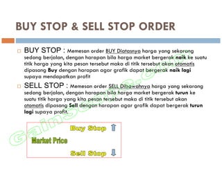 BUY STOP & SELL STOP ORDER
 BUY STOP : Memesan order BUY Diatasnya harga yang sekarang
 sedang berjalan, dengan harapan bila harga market bergerak naik ke suatu
 titik harga yang kita pesan tersebut maka di titik tersebut akan otomatis
 dipasang Buy dengan harapan agar grafik dapat bergerak naik lagi
 supaya mendapatkan profit
 SELL STOP : Memesan order SELL Dibawahnya harga yang sekarang
 sedang berjalan, dengan harapan bila harga market bergerak turun ke
 suatu titik harga yang kita pesan tersebut maka di titik tersebut akan
 otomatis dipasang Sell dengan harapan agar grafik dapat bergerak turun
 lagi supaya profit.
 