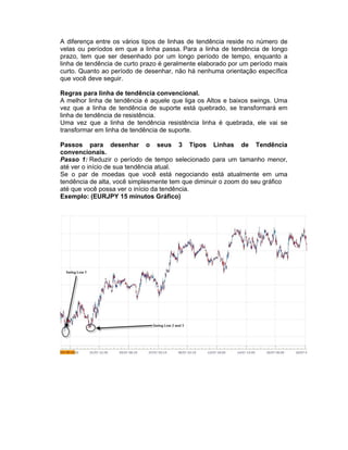 A diferença entre os vários tipos de linhas de tendência reside no número de
velas ou períodos em que a linha passa. Para a linha de tendência de longo
prazo, tem que ser desenhado por um longo período de tempo, enquanto a
linha de tendência de curto prazo é geralmente elaborado por um período mais
curto. Quanto ao período de desenhar, não há nenhuma orientação específica
que você deve seguir.
Regras para linha de tendência convencional.
A melhor linha de tendência é aquele que liga os Altos e baixos swings. Uma
vez que a linha de tendência de suporte está quebrado, se transformará em
linha de tendência de resistência.
Uma vez que a linha de tendência resistência linha é quebrada, ele vai se
transformar em linha de tendência de suporte.
Passos para desenhar o seus 3 Tipos Linhas de Tendência
convencionais.
Passo 1: Reduzir o período de tempo selecionado para um tamanho menor,
até ver o início de sua tendência atual.
Se o par de moedas que você está negociando está atualmente em uma
tendência de alta, você simplesmente tem que diminuir o zoom do seu gráfico
até que você possa ver o início da tendência.
Exemplo: (EURJPY 15 minutos Gráfico)
 