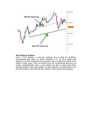 Novo Balanço de Baixa
Com a Tom Demark, é hora de combinar com a linha de tendência
convencional para obter um melhor resultado. A LT TD só é usada para
desenhar a linha de tendência de curto prazo, mas a maneira de chamar os de
médio e longo prazo, ficam na mesma forma da convencional. Note que vai
mudar constantemente como o novo balanço de alta ou baixa está sendo
formado. Embora seja muito tedioso ter que desenhar constantemente nova
linha de tendência, que pode lhe dar o melhor e mais recente para negociar.
 