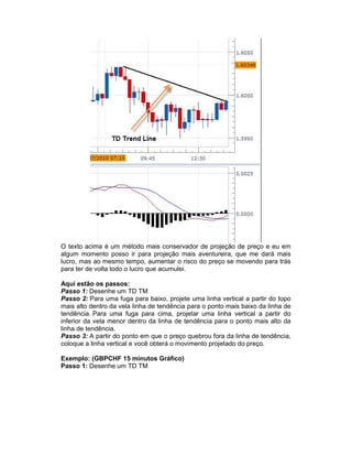 O texto acima é um método mais conservador de projeção de preço e eu em
algum momento posso ir para projeção mais aventureira, que me dará mais
lucro, mas ao mesmo tempo, aumentar o risco do preço se movendo para trás
para ter de volta todo o lucro que acumulei.
Aqui estão os passos:
Passo 1: Desenhe um TD TM
Passo 2: Para uma fuga para baixo, projete uma linha vertical a partir do topo
mais alto dentro da vela linha de tendência para o ponto mais baixo da linha de
tendência. Para uma fuga para cima, projetar uma linha vertical a partir do
inferior da vela menor dentro da linha de tendência para o ponto mais alto da
linha de tendência.
Passo 3: A partir do ponto em que o preço quebrou fora da linha de tendência,
coloque a linha vertical e você obterá o movimento projetado do preço.
Exemplo: (GBPCHF 15 minutos Gráfico)
Passo 1: Desenhe um TD TM
 