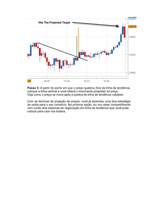 Passo 3: A partir do ponto em que o preço quebrou fora da linha de tendência,
coloque a linha vertical e você obterá o movimento projetado do preço.
Veja como o preço se move após a quebra de linha de tendência validado.
Com as técnicas de projeção de preços, você já aprendeu uma boa estratégia
de saída para o seu comércio. Na próxima seção, eu vou estar compartilhando
com vocês dois sistemas de negociação em linha de tendência que você pode
colocar para usar nos traders.
 