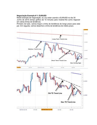 Negociação Exemplo # 1: EURUSD
Neste exemplo de negociação, eu vou estar usando o EURUSD no dia 30
Junho de 2010; tempo gráfico de 15 minutos para mostrar-lhe como negociar
em várias linhas de tendência.
Primeiro de tudo, vamos traçar a linha de tendência de longo prazo para este
par. Em seguida, vamos desenhar a linha de tendência de médio prazo.
 