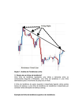 Seção 1: Análise de Tendências Linha
1.1 Quais são as linhas de tendência?
Uma linha de tendência representa uma oferta e demanda entre os
comerciantes. Segundo a Wikipedia, uma linha de tendência é uma linha
delimitadora para o movimento do preço de um título.
A linha de tendência de apoio (suporte) é desenhada ligando vários pontos
baixos do balanço e uma linha de tendência de resistência é desenhada por
conectar várias elevações do balanço (swing).
Exemplo de linha de tendência suporte e de resistência:
 