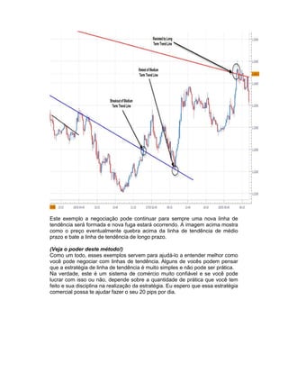Este exemplo a negociação pode continuar para sempre uma nova linha de
tendência será formada e nova fuga estará ocorrendo. A imagem acima mostra
como o preço eventualmente quebra acima da linha de tendência de médio
prazo e bate a linha de tendência de longo prazo.
(Veja o poder deste método!)
Como um todo, esses exemplos servem para ajudá-lo a entender melhor como
você pode negociar com linhas de tendência. Alguns de vocês podem pensar
que a estratégia de linha de tendência é muito simples e não pode ser prática.
Na verdade, este é um sistema de comércio muito confiável e se você pode
lucrar com isso ou não, depende sobre a quantidade de prática que você tem
feito e sua disciplina na realização da estratégia. Eu espero que essa estratégia
comercial possa te ajudar fazer o seu 20 pips por dia.
 
