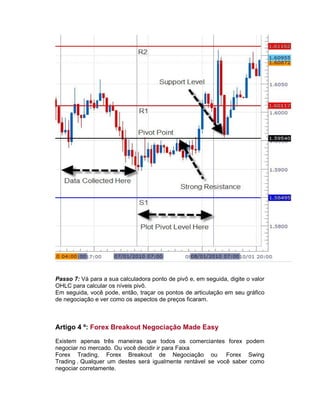 Passo 7: Vá para a sua calculadora ponto de pivô e, em seguida, digite o valor
OHLC para calcular os níveis pivô.
Em seguida, você pode, então, traçar os pontos de articulação em seu gráfico
de negociação e ver como os aspectos de preços ficaram.
Artigo 4 º: Forex Breakout Negociação Made Easy
Existem apenas três maneiras que todos os comerciantes forex podem
negociar no mercado. Ou você decidir ir para Faixa
Forex Trading, Forex Breakout de Negociação ou Forex Swing
Trading . Qualquer um destes será igualmente rentável se você saber como
negociar corretamente.
 