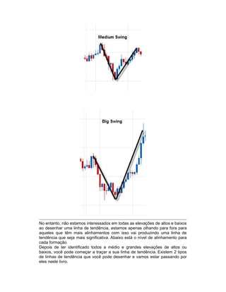 No entanto, não estamos interessados em todas as elevações de altos e baixos
ao desenhar uma linha de tendência, estamos apenas olhando para fora para
aqueles que têm mais alinhamentos com isso vai produzindo uma linha de
tendência que seja mais significativa. Abaixo está o nível de alinhamento para
cada formação
Depois de ter identificado todos a médio e grandes elevações de altos ou
baixos, você pode começar a traçar a sua linha de tendência. Existem 2 tipos
de linhas de tendência que você pode desenhar e vamos estar passando por
eles neste livro.
 