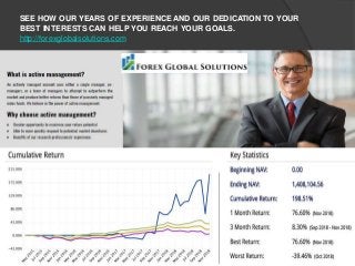SEE HOW OUR YEARS OF EXPERIENCE AND OUR DEDICATION TO YOUR
BEST INTERESTS CAN HELP YOU REACH YOUR GOALS.
http://forexglobalsolutions.com
 