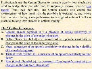 Professionals use the Option Greeks to measure exactly how much they
need to hedge their portfolio and to surgically remove specific risk
factors from their portfolio. The Option Greeks also enable the
measurement of how much risk the portfolio is exposed to, and where
that risk lies. Having a comprehensive knowledge of options Greeks is
essential to long term success in options trading.
The 5 Option Greeks are:
A. Gamma (Greek Symbol γ) - a measure of delta's sensitivity to
changes in the price of the underlying asset
B. Delta (Greek Symbol δ) - a measure of an option's sensitivity to
changes in the price of the underlying asset
C. Vega - a measure of an option's sensitivity to changes in the volatility
of the underlying asset
D. Theta (Greek Symbol θ) - a measure of an option's sensitivity to time
decay
E. Rho (Greek Symbol ρ) - a measure of an option's sensitivity to
changes in the risk free interest rate
 