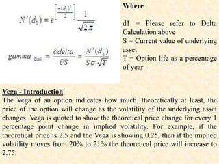 Where
d1 = Please refer to Delta
Calculation above
S = Current value of underlying
asset
T = Option life as a percentage
of year
Vega - Introduction
The Vega of an option indicates how much, theoretically at least, the
price of the option will change as the volatility of the underlying asset
changes. Vega is quoted to show the theoretical price change for every 1
percentage point change in implied volatility. For example, if the
theoretical price is 2.5 and the Vega is showing 0.25, then if the implied
volatility moves from 20% to 21% the theoretical price will increase to
2.75.
 