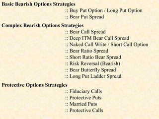 Basic Bearish Options Strategies
:: Buy Put Option / Long Put Option
:: Bear Put Spread
Complex Bearish Options Strategies
:: Bear Call Spread
:: Deep ITM Bear Call Spread
:: Naked Call Write / Short Call Option
:: Bear Ratio Spread
:: Short Ratio Bear Spread
:: Risk Reversal (Bearish)
:: Bear Butterfly Spread
:: Long Put Ladder Spread
Protective Options Strategies
:: Fiduciary Calls
:: Protective Puts
:: Married Puts
:: Protective Calls
 