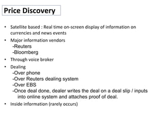 Price Discovery
• Satellite based : Real time on-screen display of information on
currencies and news events
• Major information vendors
-Reuters
-Bloomberg
• Through voice broker
• Dealing
-Over phone
-Over Reuters dealing system
-Over EBS
-Once deal done, dealer writes the deal on a deal slip / inputs
into online system and attaches proof of deal.
• Inside information (rarely occurs)
 