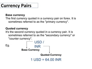 Currency Pairs
Base currency
The first currency quoted in a currency pair on forex. It is
sometimes referred to as the "primary currency".
Quoted currency
It's the second currency quoted in a currency pair. It is
sometimes referred to as the "secondary currency" or
"counter currency".
Eg.
USD /
INR
Base Currency
Quoted Currency
1 USD = 64.00 INR
 
