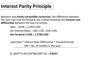 Interest Parity Principle
Between two freely convertible currencies, the difference between
the spot rate and the forward rate is determined by the interest rate
differential between the two currencies.
Spot : 1EUR = 1.2625 USD
6m Interest Rates : USD 5.5% ; EUR 3.0%
6m Forward 1 EUR = 1.2782 USD
Spot Rate * Interest Rate Differential * Forward Period
100 * No. of months in the year
(1.2625*(5.50-3.0)*6)/(100*12) = 0.0157
 