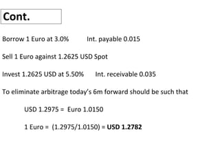 Cont.
Borrow 1 Euro at 3.0% Int. payable 0.015
Sell 1 Euro against 1.2625 USD Spot
Invest 1.2625 USD at 5.50% Int. receivable 0.035
To eliminate arbitrage today’s 6m forward should be such that
USD 1.2975 = Euro 1.0150
1 Euro = (1.2975/1.0150) = USD 1.2782
 