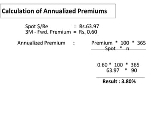 Calculation of Annualized Premiums
Spot $/Re = Rs.63.97
3M - Fwd. Premium = Rs. 0.60
Annualized Premium : Premium * 100 * 365
Spot * n
0.60 * 100 * 365
63.97 * 90
Result : 3.80%
 