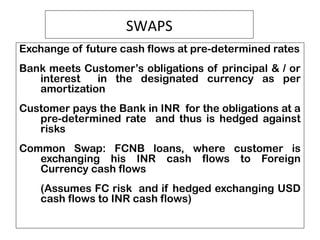 SWAPS
Exchange of future cash flows at pre-determined rates
Bank meets Customer’s obligations of principal & / or
interest in the designated currency as per
amortization
Customer pays the Bank in INR for the obligations at a
pre-determined rate and thus is hedged against
risks
Common Swap: FCNB loans, where customer is
exchanging his INR cash flows to Foreign
Currency cash flows
(Assumes FC risk and if hedged exchanging USD
cash flows to INR cash flows)
 