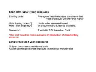 Short term (upto 1 year) exposures
Existing units: Average of last three years turnover or last
year’s turnover whichever is higher
Units having orders *} Limits to be assessed based
More than eligibility*} on documentary evidence available.
New units*: A suitable CEL based on CMA
*The limit would be made available on production of documentary
evidence.
Long term (over 1 year) exposures
Only on documentary evidence basis
As per Exchange/Interest exposure in particular maturity slot
 