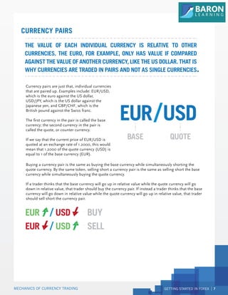 GETTING STARTED IN FOREX 7
Currency pairs are just that, individual currencies
that are paired up. Examples include: EUR/USD,
which is the euro against the US dollar,
USD/JPY, which is the US dollar against the
Japanese yen, and GBP/CHF, which is the
British pound against the Swiss franc.
The first currency in the pair is called the base
currency; the second currency in the pair is
called the quote, or counter currency.
If we say that the current price of EUR/USD is
quoted at an exchange rate of 1.2000, this would
mean that 1.2000 of the quote currency (USD) is
equal to 1 of the base currency (EUR).
Buying a currency pair is the same as buying the base currency while simultaneously shorting the
quote currency. By the same token, selling short a currency pair is the same as selling short the base
currency while simultaneously buying the quote currency.
If a trader thinks that the base currency will go up in relative value while the quote currency will go
down in relative value, that trader should buy the currency pair. If instead a trader thinks that the base
currency will go down in relative value while the quote currency will go up in relative value, that trader
should sell short the currency pair.
CURRENCY PAIRS
THE VALUE OF EACH INDIVIDUAL CURRENCY IS RELATIVE TO OTHER
CURRENCIES. THE EURO, FOR EXAMPLE, ONLY HAS VALUE IF COMPARED
AGAINST THE VALUE OF ANOTHER CURRENCY, LIKE THE US DOLLAR. THAT IS
WHY CURRENCIES ARE TRADED IN PAIRS AND NOT AS SINGLE CURRENCIES
BASE QUOTE
BUY
SELL
MECHANICS OF CURRENCY TRADING
.
 