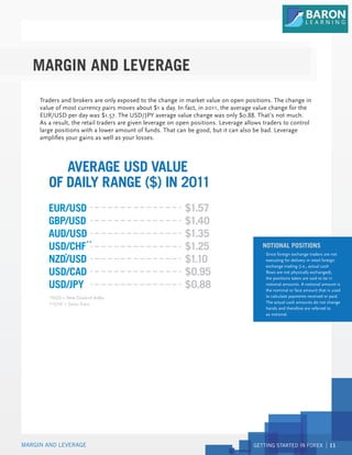 GETTING STARTED IN FOREX 11
MARGIN AND LEVERAGE
Traders and brokers are only exposed to the change in market value on open positions. The change in
value of most currency pairs moves about $1 a day. In fact, in 2011, the average value change for the
EUR/USD per day was $1.57. The USD/JPY average value change was only $0.88. That’s not much.
As a result, the retail traders are given leverage on open positions. Leverage allows traders to control
large positions with a lower amount of funds. That can be good, but it can also be bad. Leverage
amplifies your gains as well as your losses.
*NZD = New Zealand dollar
**CHF = Swiss franc
EUR/USD
GBP/USD
AUD/USD
USD/CHF
NZD/USD
USD/CAD
USD/JPY
**
*
AVERAGE USD VALUE
OF DAILY RANGE ($) IN 2011
$1.57
$1.40
$1.35
$1.25
$1.10
$0.95
$0.88
Since foreign exchange traders are not
executing for delivery in retail foreign
exchange trading (i.e., actual cash
flows are not physically exchanged),
the positions taken are said to be in
notional amounts. A notional amount is
the nominal or face amount that is used
to calculate payments received or paid.
The actual cash amounts do not change
hands and therefore are referred to
as notional.
NOTIONAL POSITIONS
MARGIN AND LEVERAGE
 