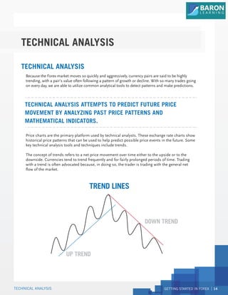 GETTING STARTED IN FOREX 14
TECHNICAL ANALYSIS
Price charts are the primary platform used by technical analysts. These exchange rate charts show
historical price patterns that can be used to help predict possible price events in the future. Some
key technical analysis tools and techniques include trends.
The concept of trends refers to a net price movement over time either to the upside or to the
downside. Currencies tend to trend frequently and for fairly prolonged periods of time. Trading
with a trend is often advocated because, in doing so, the trader is trading with the general net
flow of the market.
Because the Forex market moves so quickly and aggressively, currency pairs are said to be highly
trending, with a pair’s value often following a pattern of growth or decline. With so many trades going
on every day, we are able to utilize common analytical tools to detect patterns and make predictions.
TECHNICAL ANALYSIS ATTEMPTS TO PREDICT FUTURE PRICE
MOVEMENT BY ANALYZING PAST PRICE PATTERNS AND
MATHEMATICAL INDICATORS.
UP TREND
DOWN TREND
TREND LINES
TECHNICAL ANALYSIS
TECHNICAL ANALYSIS
 