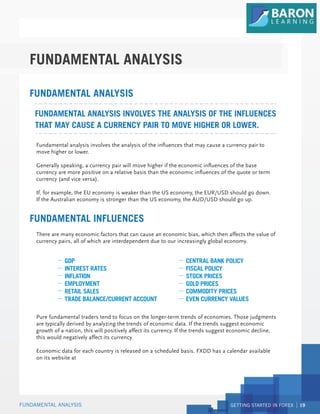GETTING STARTED IN FOREX 19
FUNDAMENTAL ANALYSIS
FUNDAMENTAL ANALYSIS
Fundamental analysis involves the analysis of the influences that may cause a currency pair to
move higher or lower.
Generally speaking, a currency pair will move higher if the economic influences of the base
currency are more positive on a relative basis than the economic influences of the quote or term
currency (and vice versa).
If, for example, the EU economy is weaker than the US economy, the EUR/USD should go down.
If the Australian economy is stronger than the US economy, the AUD/USD should go up.
There are many economic factors that can cause an economic bias, which then affects the value of
currency pairs, all of which are interdependent due to our increasingly global economy.
Pure fundamental traders tend to focus on the longer-term trends of economies. Those judgments
are typically derived by analyzing the trends of economic data. If the trends suggest economic
growth of a nation, this will positively affect its currency. If the trends suggest economic decline,
this would negatively affect its currency.
Economic data for each country is released on a scheduled basis. FXDD has a calendar available
on its website at www.fxdd.com/mt.
FUNDAMENTAL ANALYSIS INVOLVES THE ANALYSIS OF THE INFLUENCES
THAT MAY CAUSE A CURRENCY PAIR TO MOVE HIGHER OR LOWER.
FUNDAMENTAL ANALYSIS
FUNDAMENTAL INFLUENCES
GDP
INTEREST RATES
INFLATION
EMPLOYMENT
RETAIL SALES
TRADE BALANCE/CURRENT ACCOUNT
CENTRAL BANK POLICY
FISCAL POLICY
STOCK PRICES
GOLD PRICES
COMMODITY PRICES
EVEN CURRENCY VALUES
 