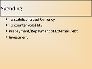 • To stabilize Issued Currency
• To counter volatility
• Prepayment/Repayment of External Debt
• Investment
Spending
 