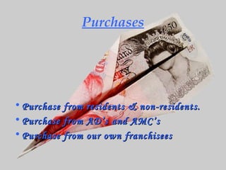 Purchases Purchase from residents & non-residents. Purchase from AD’s and AMC’s  Purchase from our own franchisees 