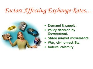 Factors Affecting Exchange Rates… Demand & supply. Policy decision by Government. Share market movements. War, civil unrest Etc. Natural calamity 