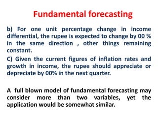 Fundamental forecasting
b) For one unit percentage change in income
differential, the rupee is expected to change by 00 %
in the same direction , other things remaining
constant.
C) Given the current figures of inflation rates and
growth in income, the rupee should appreciate or
depreciate by 00% in the next quarter.
A full blown model of fundamental forecasting may
consider more than two variables, yet the
application would be somewhat similar.

 