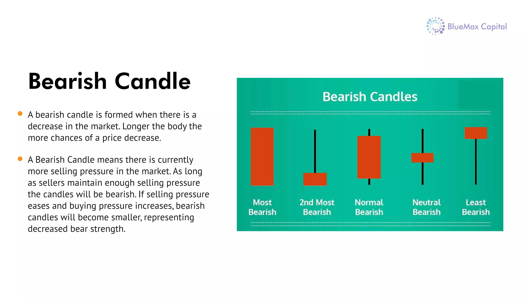 Bearish Candle
A bearish candle is formed when there is a
decrease in the market. Longer the body the
more chances of a price decrease.
A Bearish Candle means there is currently
more selling pressure in the market. As long
as sellers maintain enough selling pressure
the candles will be bearish. If selling pressure
eases and buying pressure increases, bearish
candles will become smaller, representing
decreased bear strength.
 