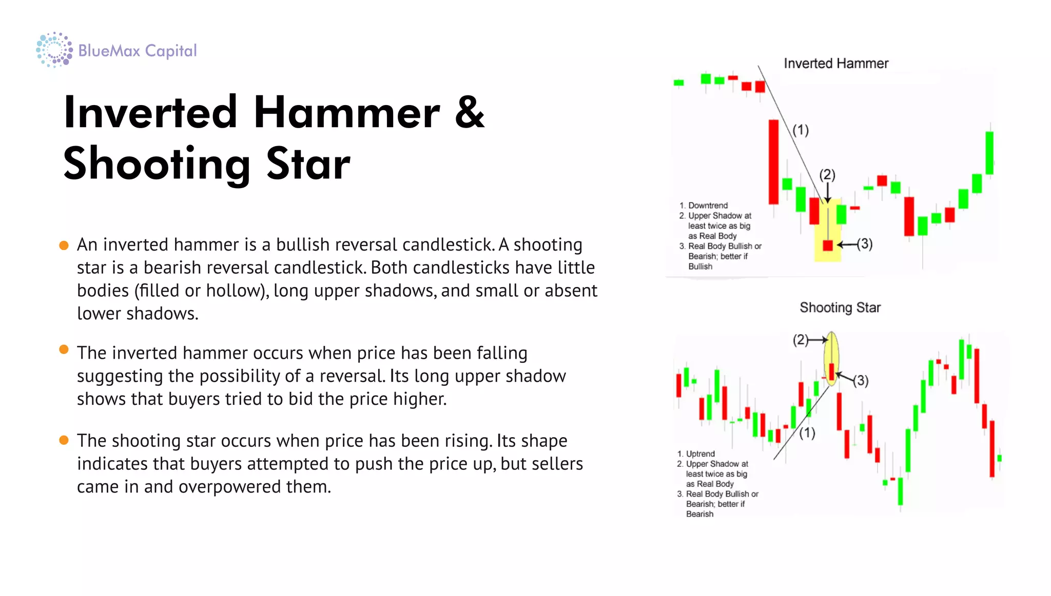 Inverted Hammer &
Shooting Star
An inverted hammer is a bullish reversal candlestick. A shooting
star is a bearish reversal candlestick. Both candlesticks have little
bodies (ﬁlled or hollow), long upper shadows, and small or absent
lower shadows.
The inverted hammer occurs when price has been falling
suggesting the possibility of a reversal. Its long upper shadow
shows that buyers tried to bid the price higher.
The shooting star occurs when price has been rising. Its shape
indicates that buyers attempted to push the price up, but sellers
came in and overpowered them.
 