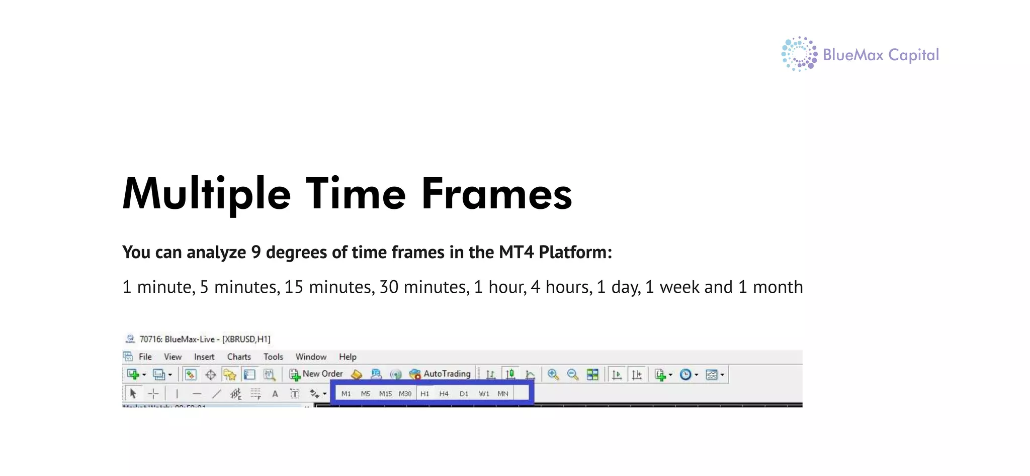 Multiple Time Frames
You can analyze 9 degrees of time frames in the MT4 Platform:
1 minute, 5 minutes, 15 minutes, 30 minutes, 1 hour, 4 hours, 1 day, 1 week and 1 month
 