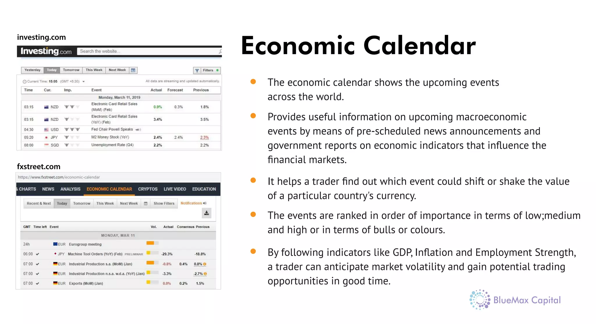 Economic Calendar
The economic calendar shows the upcoming events
across the world.
Provides useful information on upcoming macroeconomic
events by means of pre-scheduled news announcements and
government reports on economic indicators that inﬂuence the
ﬁnancial markets.
It helps a trader ﬁnd out which event could shift or shake the value
of a particular country's currency.
The events are ranked in order of importance in terms of low;medium
and high or in terms of bulls or colours.
By following indicators like GDP, Inﬂation and Employment Strength,
a trader can anticipate market volatility and gain potential trading
opportunities in good time.
investing.com
fxstreet.com
 