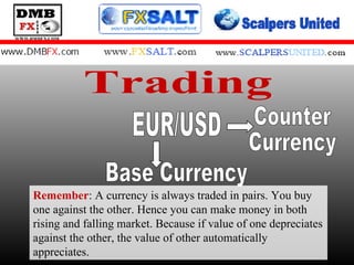 Trading EUR/USD Base Currency Counter Currency Remember : A currency is always traded in pairs. You buy one against the other. Hence you can make money in both rising and falling market. Because if value of one depreciates against the other, the value of other automatically appreciates. 